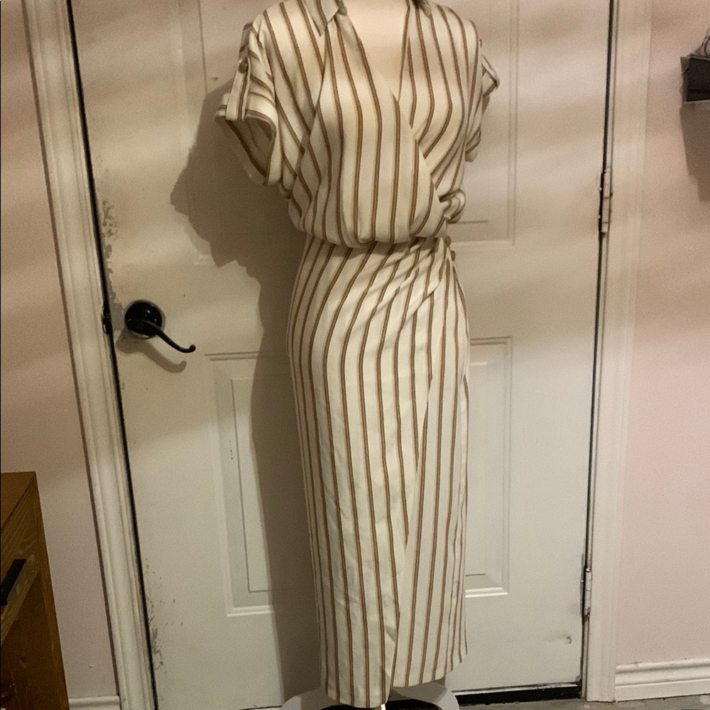 Zara Cream and Brown Striped Midi Dress